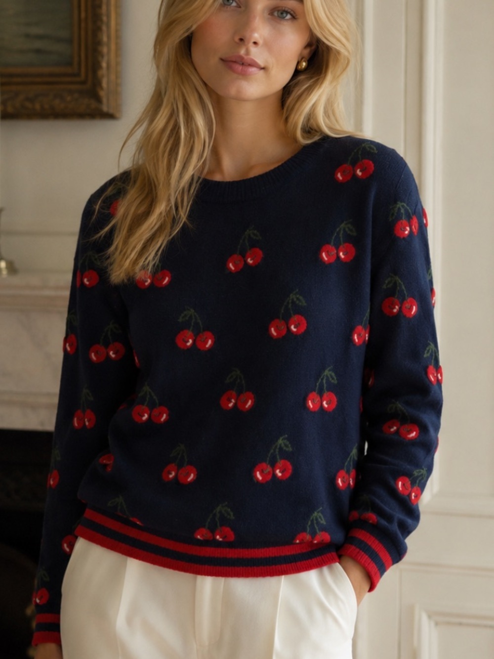 Chinti and Parker Navy Blue Cherries Print Cashmere Sweater Size XS 8063